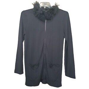 Carole Little Black Faux Fur Collar Full-Zip Stretchy Jacket Size Medium
